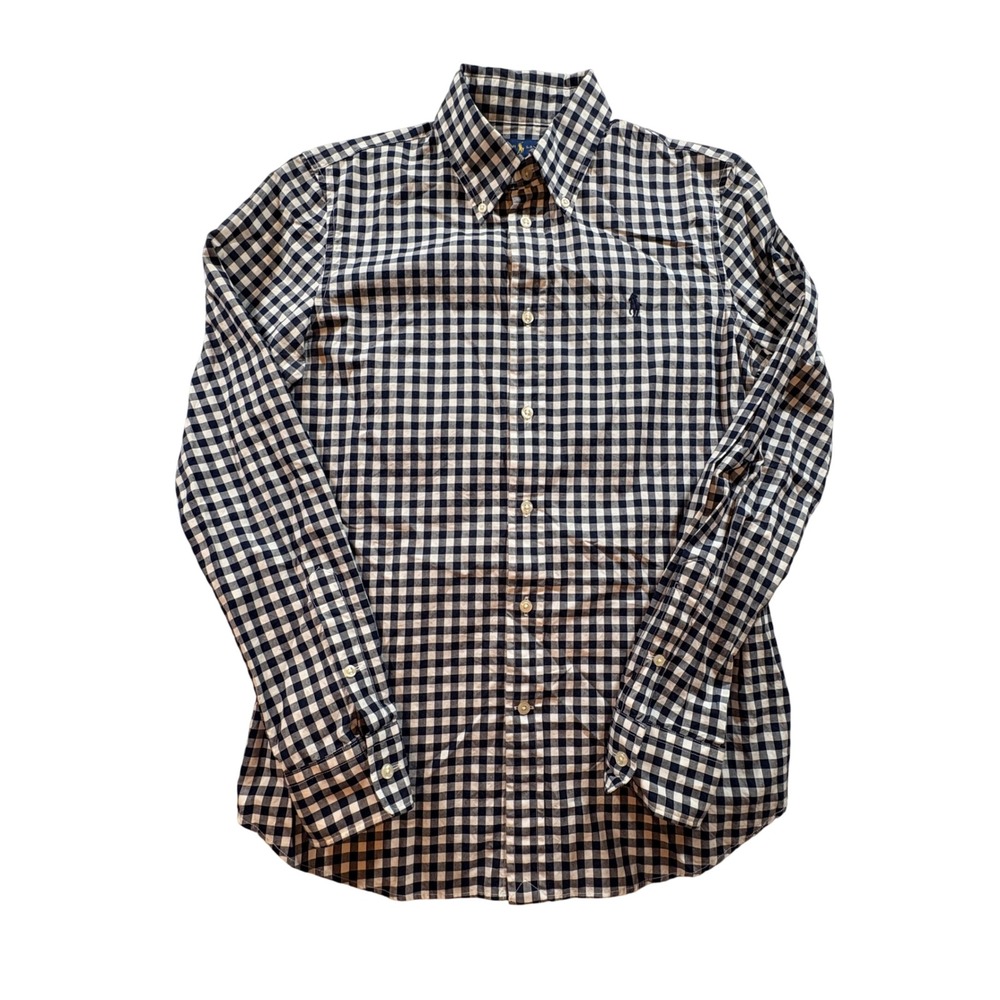 Ralph Lauren Gingham Button Down Shirt Womens Medium Slim Fit Navy White Cotton